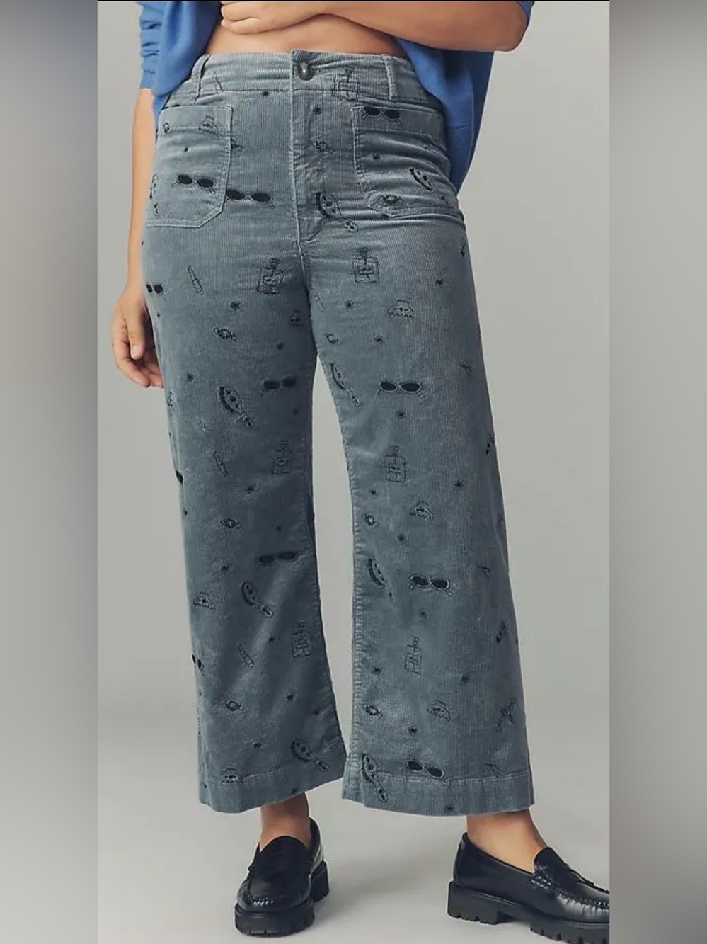 Anthropologie Maeve The Colette Gray Crop Wide Leg Embroidered Corduroy Pants